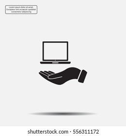 laptop on hand icon, vector illustration. Flat design style