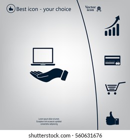 laptop on hand icon, vector illustration. Flat design style