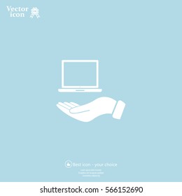 laptop on hand icon, vector illustration. Flat design style