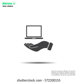 laptop on hand icon, vector illustration. Flat design style