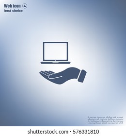 laptop on hand icon, vector illustration. Flat design style