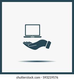 laptop on hand icon, vector illustration. Flat design style