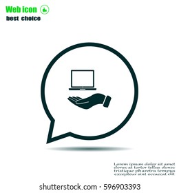 laptop on hand icon, vector illustration. Flat design style
