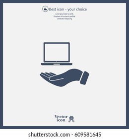 laptop on hand icon, vector illustration. Flat design style
