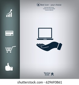 laptop on hand icon, vector illustration. Flat design style