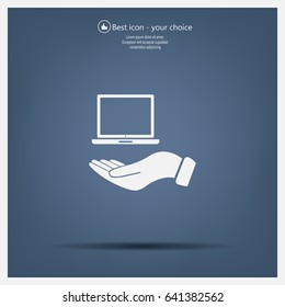 laptop on hand icon, vector illustration. Flat design style