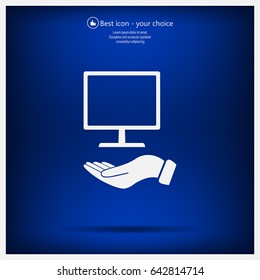laptop on hand icon, vector illustration. Flat design style