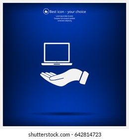 laptop on hand icon, vector illustration. Flat design style