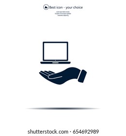 laptop on hand icon, vector illustration. Flat design style