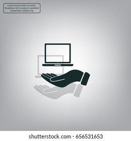 laptop on hand icon, vector illustration. Flat design style