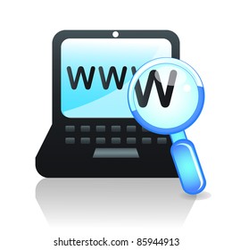 Laptop on isolated  white background with a magnifying glass searching the internet
