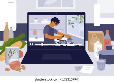 Laptop on kitchen table with cooking online master class. Culinary video blog, show with man preparing homemade meal. Stay home cook healthy food by recipe. Coronavirus quarantine. Vector illustration