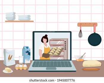 A laptop on the kitchen table with an online cooking class. Cooking video blog, a show with a woman who bakes pies. Stay at home and cook healthy food according to the recipe.  Vector illustration.