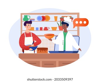 Laptop on kitchen table with online cooking class. Distance learning technology. Culinary video tutorial. Flat illustration cartoon vector concept web banner design isolated on white background
