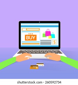 laptop on line shopping hands type buy flat design vector illustration