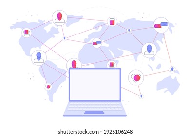 Laptop on the map Background. world wide web concept. vector illustration cartoon flat design modern style 