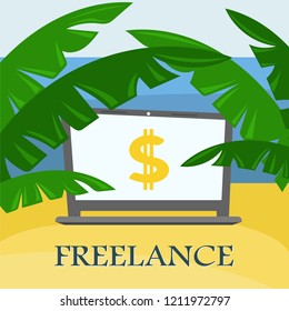 Laptop on a sandy beach with palm trees. Remote work, freelance. Vector illustration.