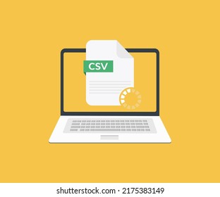 Laptop on screen CSV file, Comma-separated values document type logo design. Downoald file with CSV label vector design and illustration.
