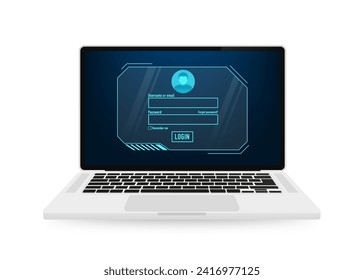 Portátil en pantalla Iniciar sesión en la página de diseño ui en el fondo de color de la interfaz futurista de la tecnología. interfaz de usuario de contraseña de inicio de sesión diseño HUD para el fondo de la tecnología de seguridad. Ilustración del vector 