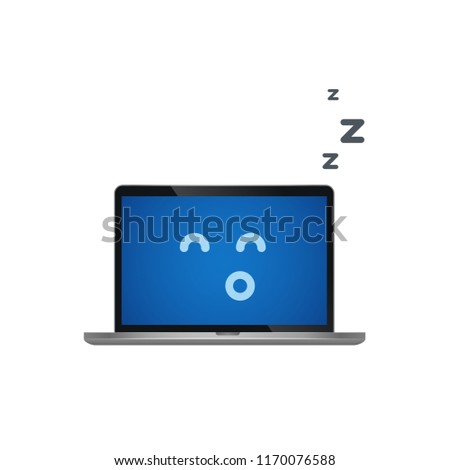 Laptop on sleep mode vector illustration. Isolated notebook computer on white background. Sleeping emoji on blue screen of pc