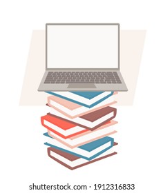 Laptop On Stack Of Books Vector Illustration Cartoon Flat Design Modern Style 