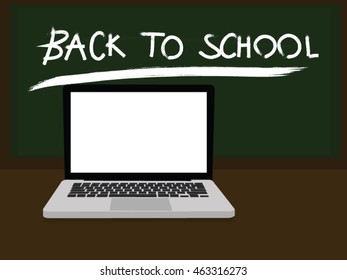 Laptop on table with blackboard background and back to schools textures,blank screen