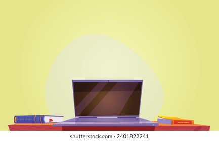 Laptop on table with books around in a room background