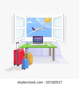Laptop on table desk to make travel reservations. Bags packed. Plane in the window. vector