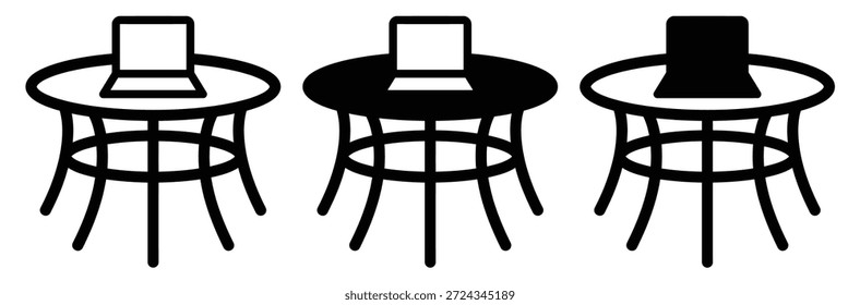Notebook na mesa em diferentes tons de preto e branco, três notebooks em mesas redondas na configuração moderna do espaço de trabalho