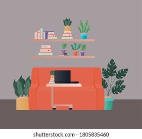 laptop on table in front orange couch and shelves with books and plants design, Home decoration interior living building apartment and residential theme Vector illustration