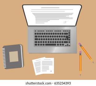 The laptop is on the table. On the table lies documents and Notepad with pencil Illustration.