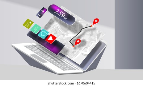 Laptop on the table with a map service on the screen in space. Vector banner