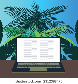  Laptop on a table in nature. Digital nomad banner. Traveling with a computer. Online job. Concept of digital nomad, remote worker, independent location entrepreneur.