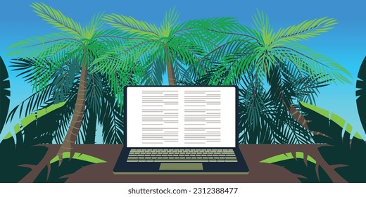  Laptop on a table in nature. Digital nomad banner. Traveling with a computer. Online job. Concept of digital nomad, remote worker, independent location entrepreneur.