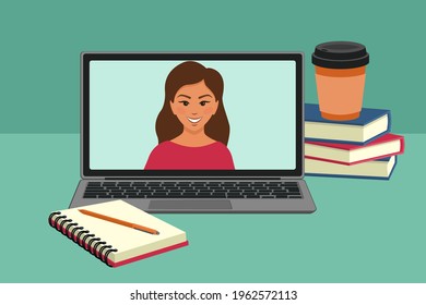 Laptop on the table, notebook, books, coffee. Vector graphics.
