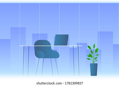 Laptop auf dem Tisch. Zimmer mit Panoramafenster. Vektorgrafik.