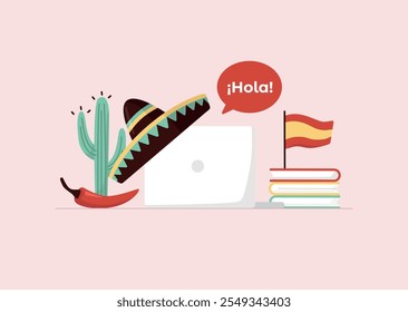 Laptop sobre a mesa com sombrero sobre ele cercado com símbolos espanhóis e bandeira. Conceito de estudo de língua estrangeira. O texto " ¡Hola!" em espanhol significa "Olá!". Ilustração vetorial em estilo plano.