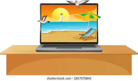 Laptop on the table with summer beach on screen illustration