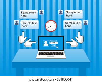 Laptop On Table and text bubbles. Dialog clouds. Hands