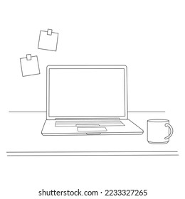 Laptop on the table. Workplace in the office. Vector black and white illustration.
