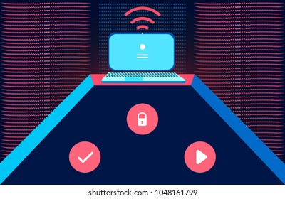 Laptop on the top with authorization form on the screen and wi-fi symbol with some web icons