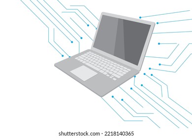 laptop on white background with circuit lines technology.