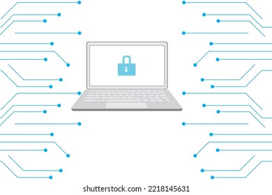 Laptop auf weißem Hintergrund mit abstrakter Schaltkreis-Technologie.