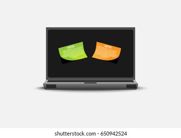 Laptop on white background with paper note. Vector EPS10