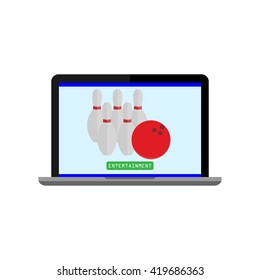 Laptop on white background with pins and a bowling ball on the screen. The concept of online entertainment,  games. Vector illustration for website, icons