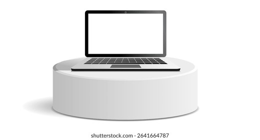 Laptop on a white cylinder podium, symbolizing product display, innovation, or technology presentation. Perfect for e-commerce, tech reviews, or showcasing digital solutions on a clean stage.