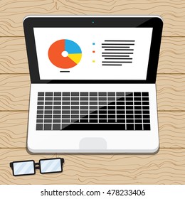 Laptop on wood table , vector design for business.