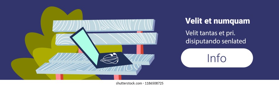 laptop on wooden bench night city park wireless connect online communication concept flat horizontal copy space vector illustration