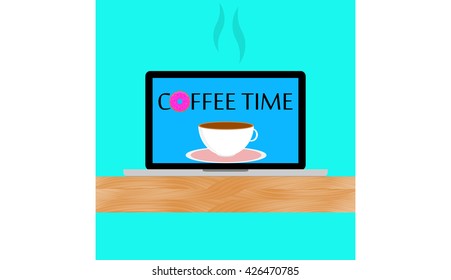 Laptop on a wooden table with a donut and a cup on the screen, lunch concept, coffee time. Vector illustration in a flat style