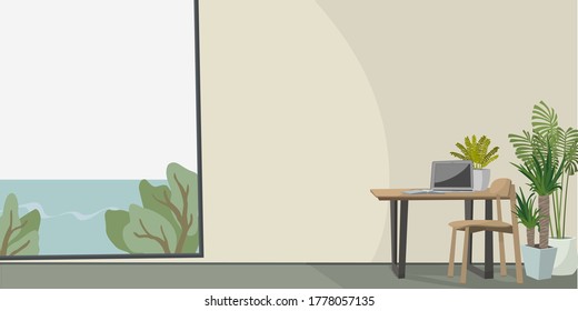 Laptop On Wooden Table In Home Office. Illustration Of Beach House Interior With Sea View.